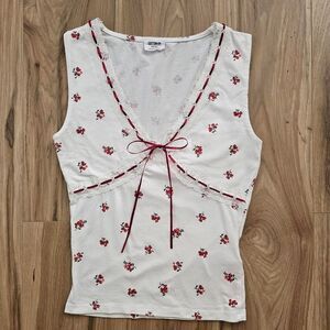 Cotton On cottagecore white and red floral tank top w/ coquette lace trim & bow